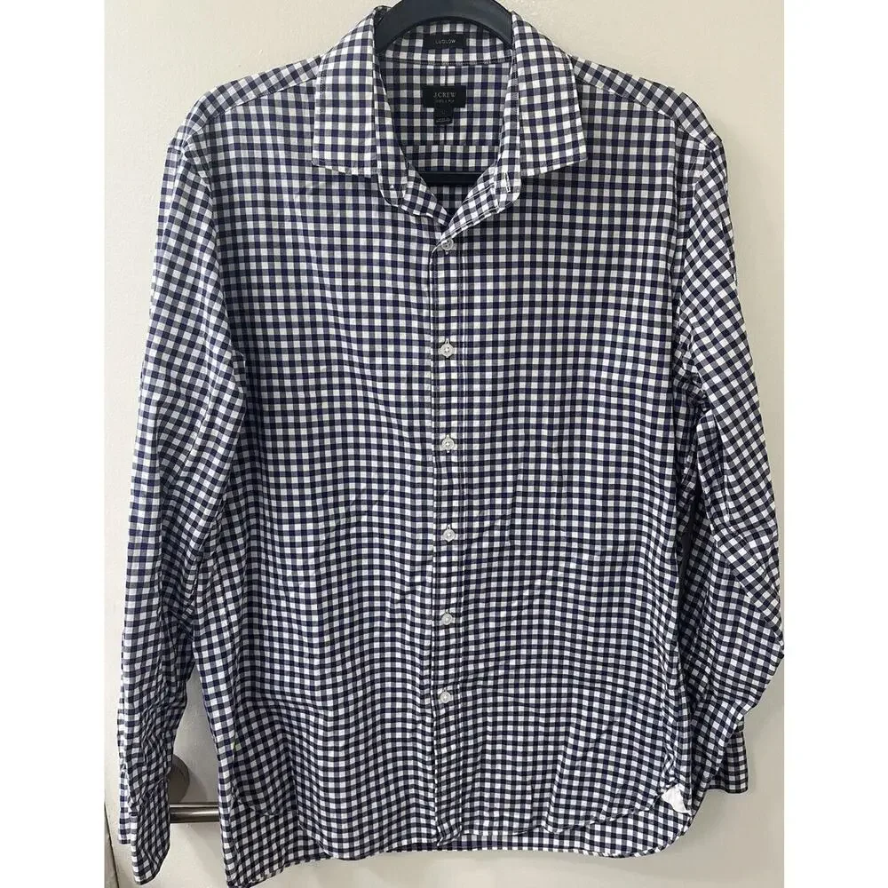 J. Crew Men's Large Ludlow‎ 120's 2 Ply Button Up LSleeve Plaid Check Blue White